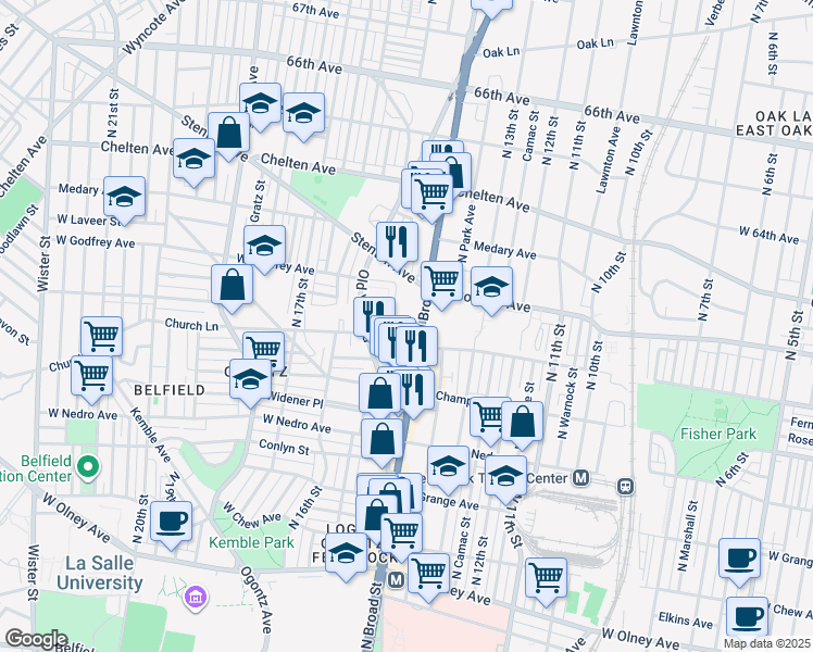 map of restaurants, bars, coffee shops, grocery stores, and more near 1432 West Sparks Street in Philadelphia