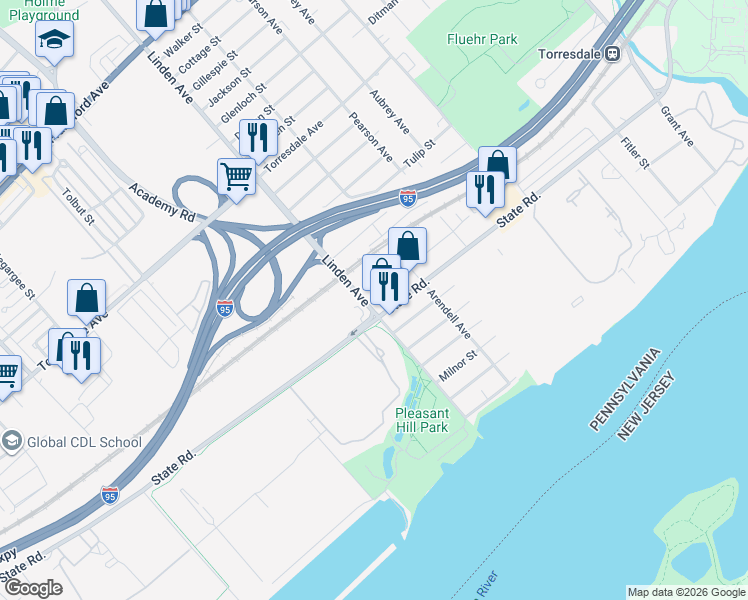 map of restaurants, bars, coffee shops, grocery stores, and more near 4967-4989 Linden Ave in Philadelphia