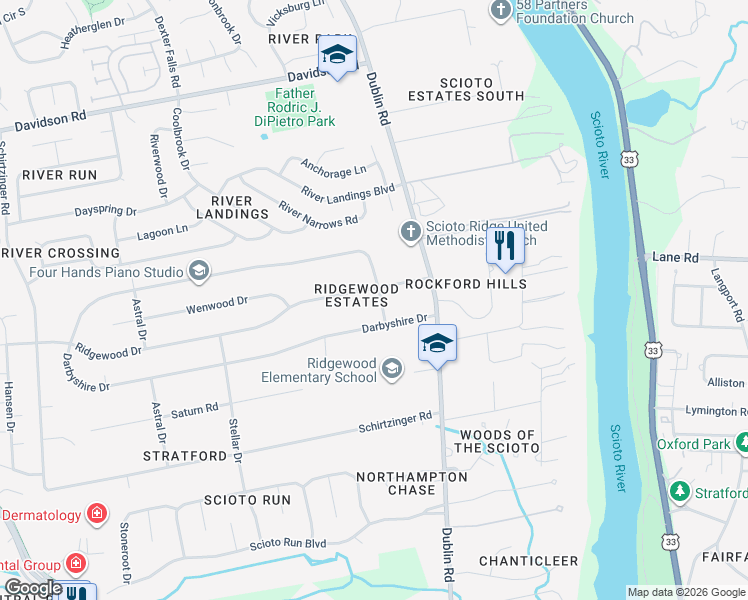 map of restaurants, bars, coffee shops, grocery stores, and more near 4338 Cameron Road in Hilliard