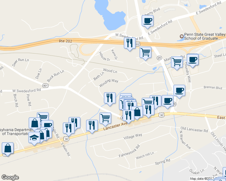 map of restaurants, bars, coffee shops, grocery stores, and more near 12 Winding Way in Malvern