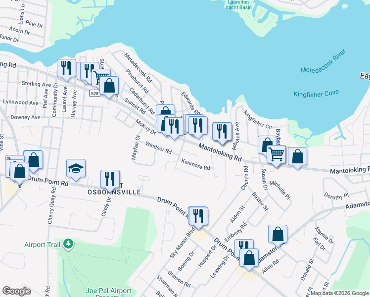 map of restaurants, bars, coffee shops, grocery stores, and more near 638 County Road 528 in Brick Township