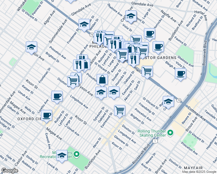 map of restaurants, bars, coffee shops, grocery stores, and more near 1925 Princeton Avenue in Philadelphia