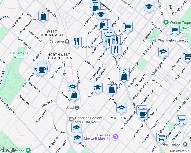 map of restaurants, bars, coffee shops, grocery stores, and more near 136 West Sharpnack Street in Philadelphia