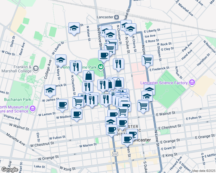 map of restaurants, bars, coffee shops, grocery stores, and more near 527 North Prince Street in Lancaster