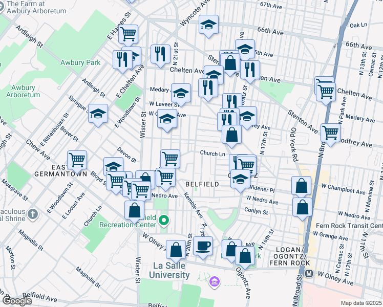 map of restaurants, bars, coffee shops, grocery stores, and more near 2006 1/2 Church Lane in Philadelphia