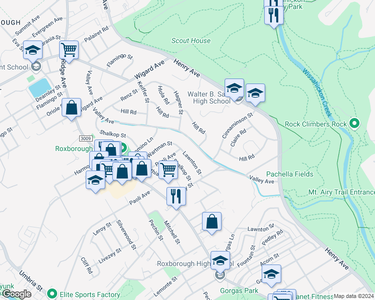 map of restaurants, bars, coffee shops, grocery stores, and more near 6953 Lawnton Street in Philadelphia