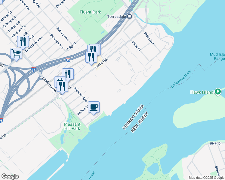 map of restaurants, bars, coffee shops, grocery stores, and more near 5202 Delaire Landing Rd in Philadelphia
