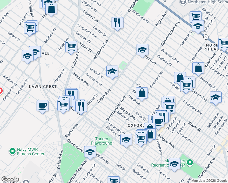 map of restaurants, bars, coffee shops, grocery stores, and more near 1100 Unruh Avenue in Philadelphia