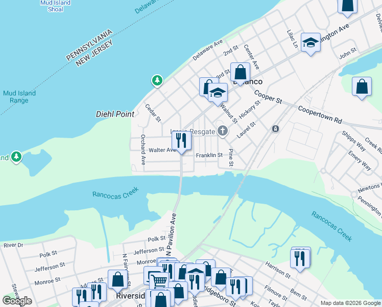 map of restaurants, bars, coffee shops, grocery stores, and more near 403 Burlington Avenue in Delanco