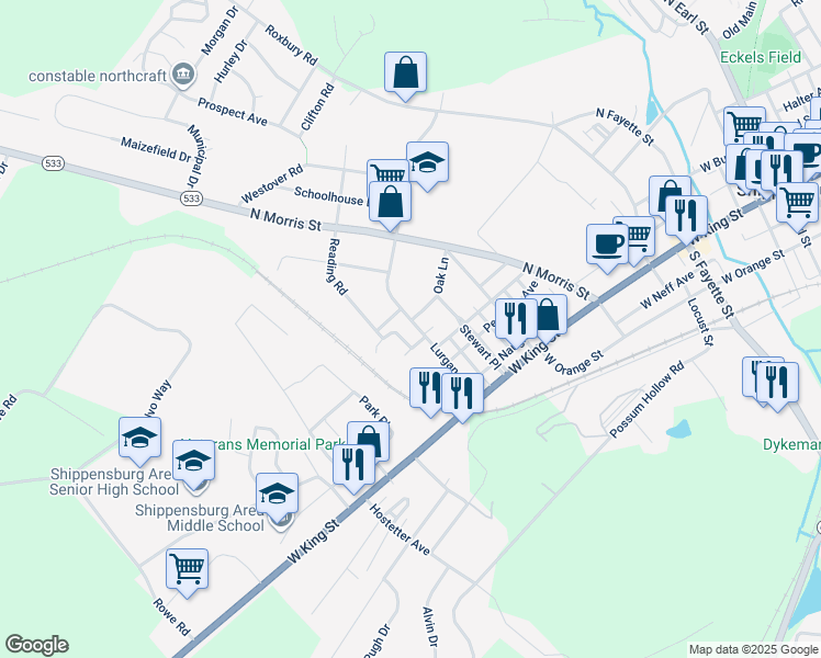 map of restaurants, bars, coffee shops, grocery stores, and more near 118 Larkin Drive in Mechanicsburg