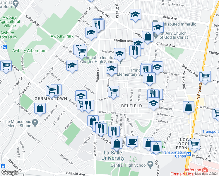 map of restaurants, bars, coffee shops, grocery stores, and more near 6051 North Norwood Street in Philadelphia