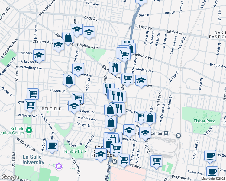 map of restaurants, bars, coffee shops, grocery stores, and more near 1432 West Sparks Street in Philadelphia
