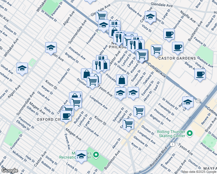 map of restaurants, bars, coffee shops, grocery stores, and more near 7019 Lynford Street in Philadelphia