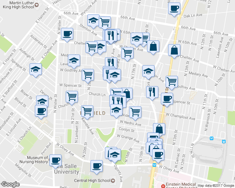 map of restaurants, bars, coffee shops, grocery stores, and more near 1751 Church Lane in Philadelphia