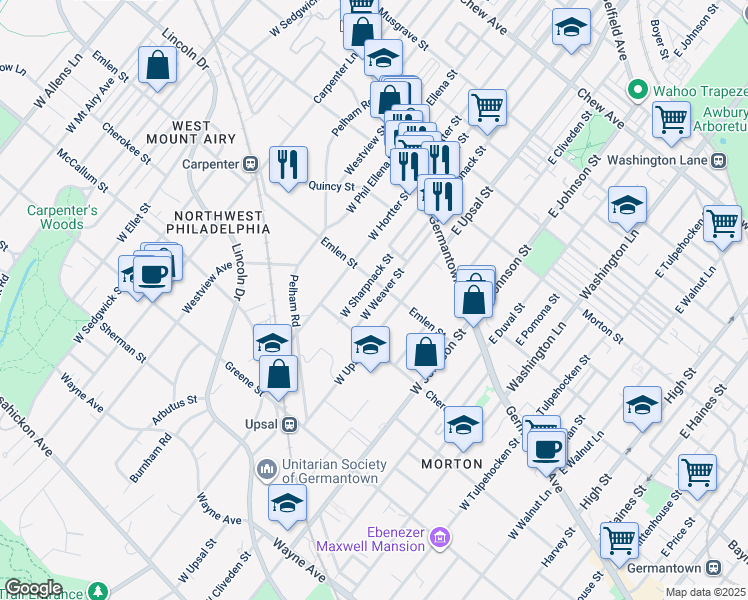 map of restaurants, bars, coffee shops, grocery stores, and more near 139 Weaver St in Philadelphia