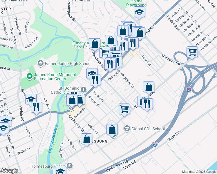map of restaurants, bars, coffee shops, grocery stores, and more near 4420 Pennypack Street in Philadelphia