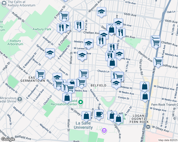 map of restaurants, bars, coffee shops, grocery stores, and more near 2029 Church Lane in Philadelphia