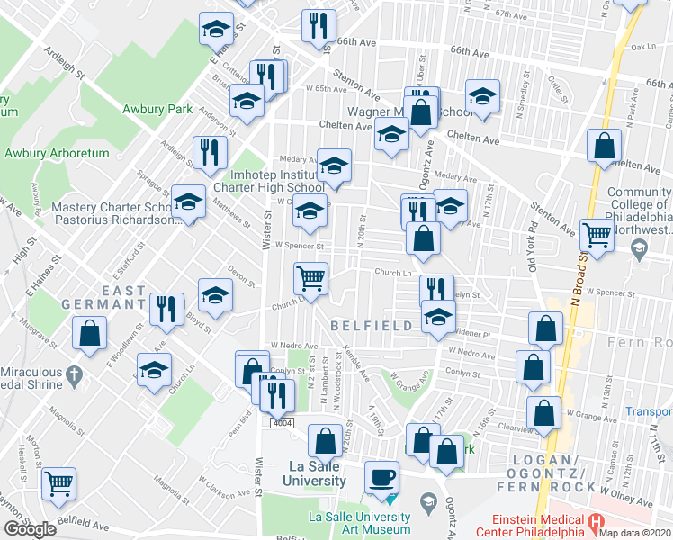 map of restaurants, bars, coffee shops, grocery stores, and more near 2027 Church Lane in Philadelphia