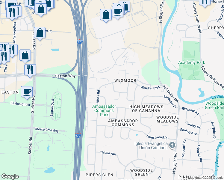 map of restaurants, bars, coffee shops, grocery stores, and more near 3545 Malabar Street in Columbus