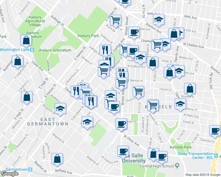 map of restaurants, bars, coffee shops, grocery stores, and more near 5556 Devon Street in Philadelphia