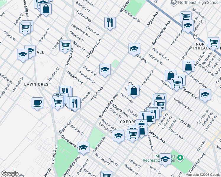 map of restaurants, bars, coffee shops, grocery stores, and more near 1100 Unruh Avenue in Philadelphia