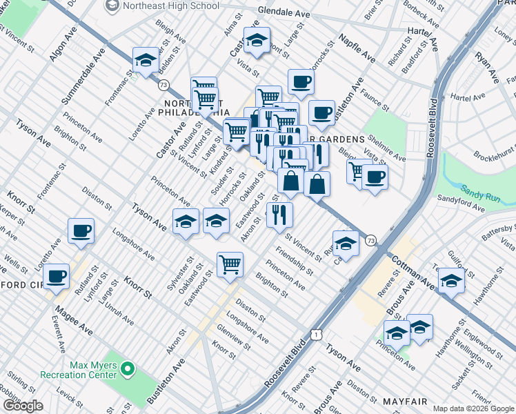 map of restaurants, bars, coffee shops, grocery stores, and more near 7237 Eastwood Street in Philadelphia