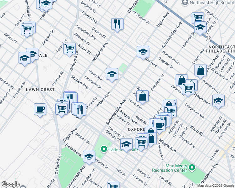 map of restaurants, bars, coffee shops, grocery stores, and more near 1100 Unruh Avenue in Philadelphia