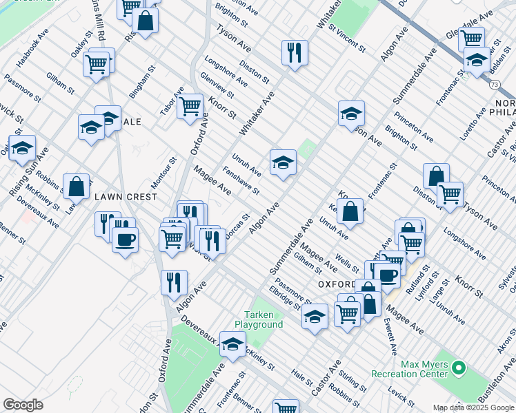 map of restaurants, bars, coffee shops, grocery stores, and more near 1024 Fanshawe Street in Philadelphia