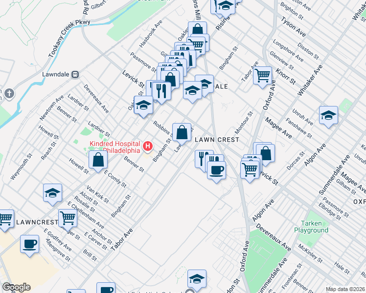 map of restaurants, bars, coffee shops, grocery stores, and more near 611 Robbins Street in Philadelphia