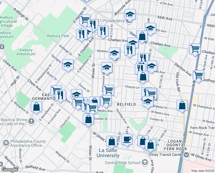 map of restaurants, bars, coffee shops, grocery stores, and more near 6052 North 21st Street in Philadelphia