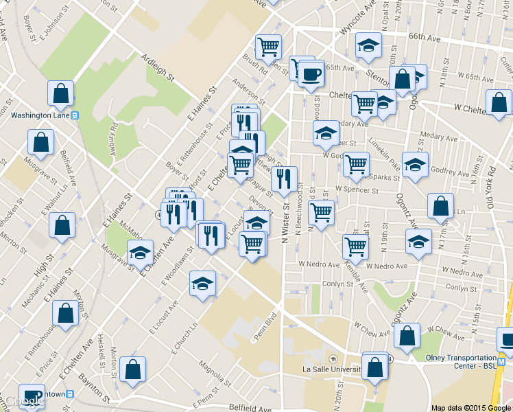 map of restaurants, bars, coffee shops, grocery stores, and more near 5556 Devon Street in Philadelphia