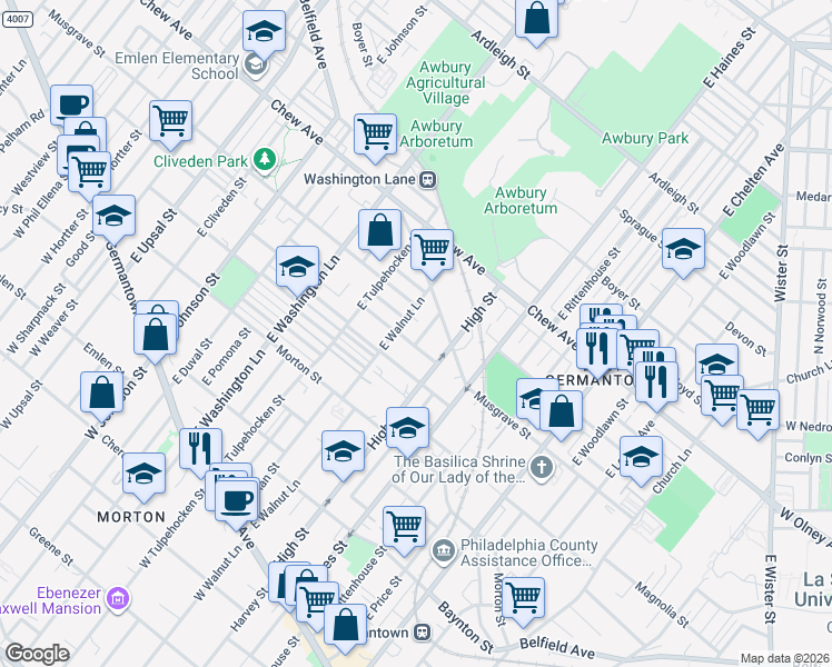 map of restaurants, bars, coffee shops, grocery stores, and more near 447 East Walnut Lane in Philadelphia