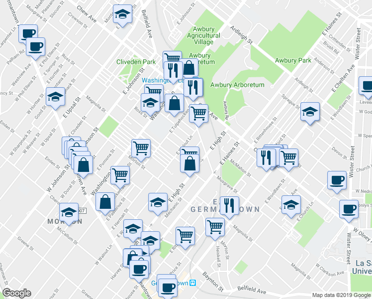 map of restaurants, bars, coffee shops, grocery stores, and more near 447 East Walnut Lane in Philadelphia