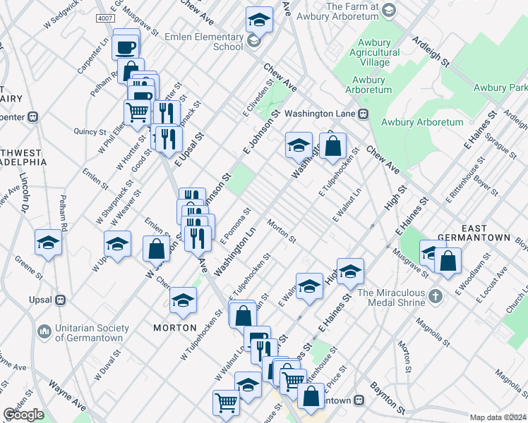 map of restaurants, bars, coffee shops, grocery stores, and more near 6261 Gardenia Street in Philadelphia