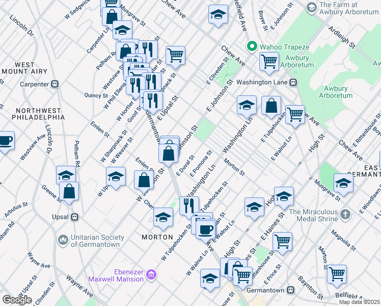 map of restaurants, bars, coffee shops, grocery stores, and more near 169 East Duval Street in Philadelphia