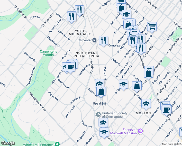 map of restaurants, bars, coffee shops, grocery stores, and more near 6704 Lincoln Drive in Philadelphia