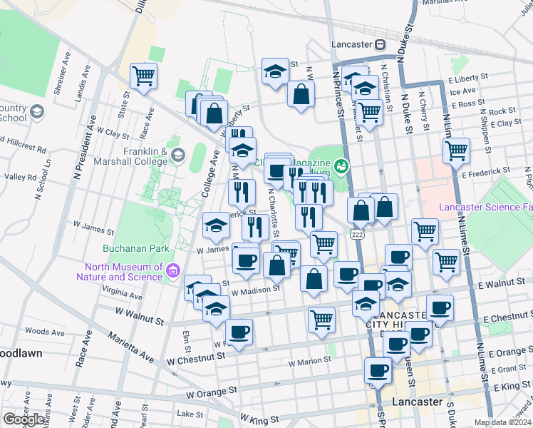map of restaurants, bars, coffee shops, grocery stores, and more near 614 North Charlotte Street in Lancaster