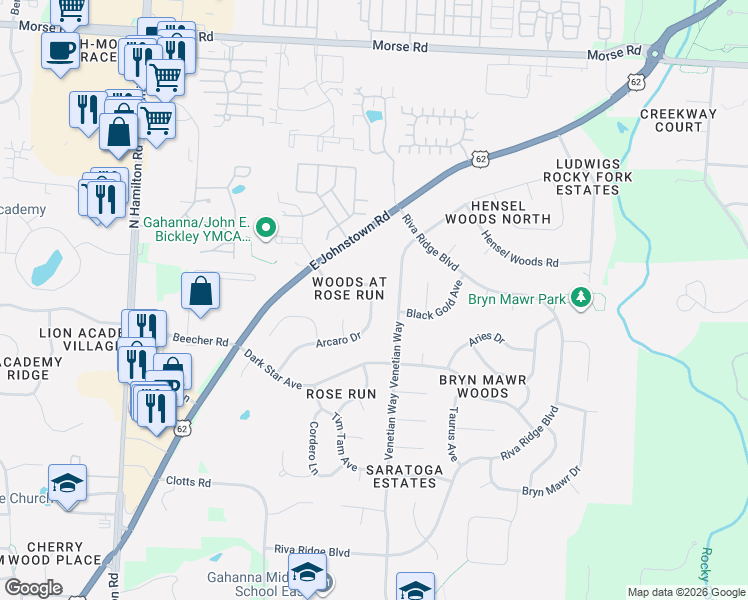 map of restaurants, bars, coffee shops, grocery stores, and more near 695 Rose Way in Columbus