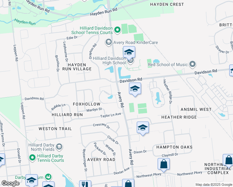 map of restaurants, bars, coffee shops, grocery stores, and more near 4624 Adams Lane in Hilliard