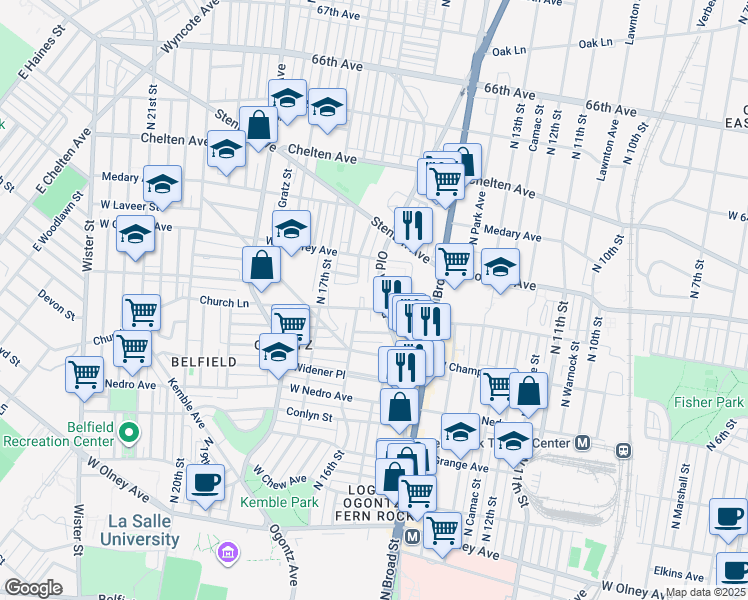 map of restaurants, bars, coffee shops, grocery stores, and more near 6100 Old York Road in Philadelphia