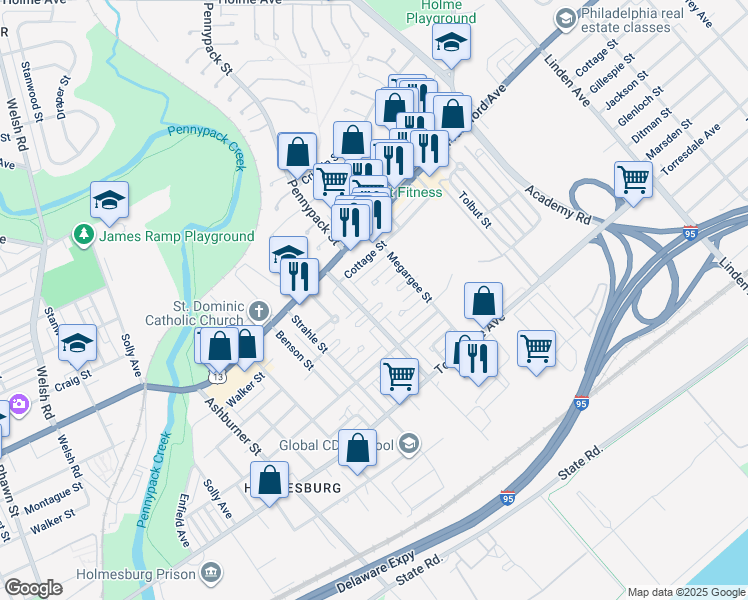 map of restaurants, bars, coffee shops, grocery stores, and more near 8714 Jackson Street in Philadelphia