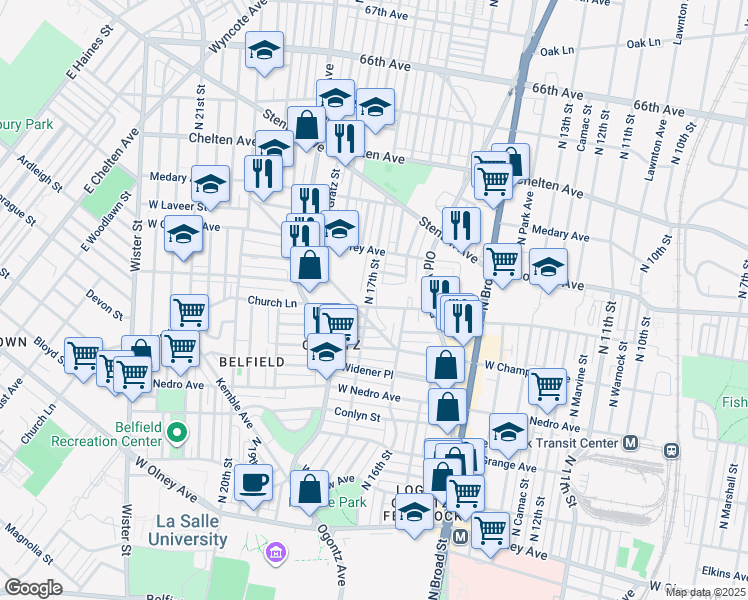 map of restaurants, bars, coffee shops, grocery stores, and more near 6105 North 17th Street in Philadelphia