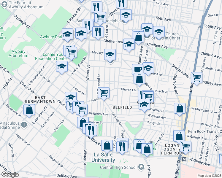 map of restaurants, bars, coffee shops, grocery stores, and more near 2025 Church Lane in Philadelphia