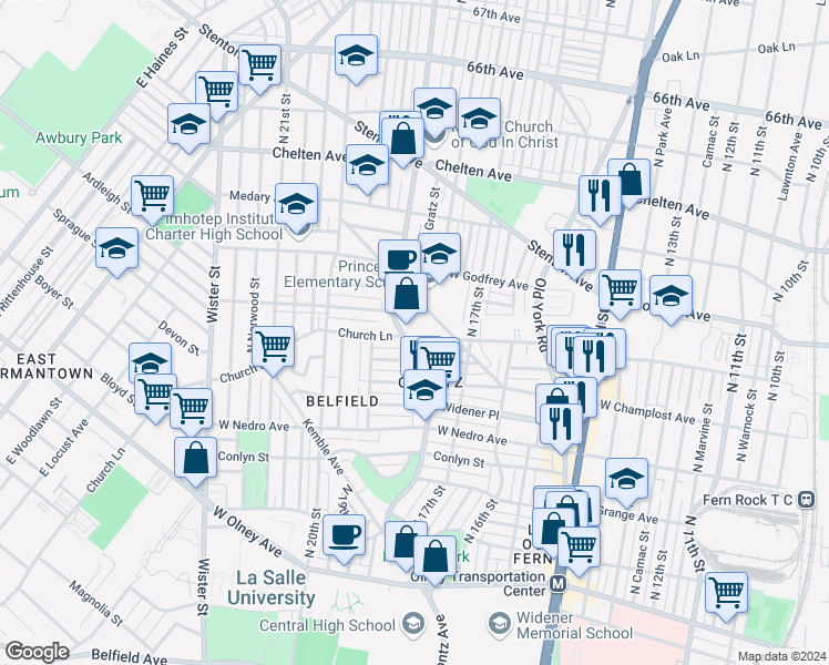 map of restaurants, bars, coffee shops, grocery stores, and more near 1835 Church Lane in Philadelphia