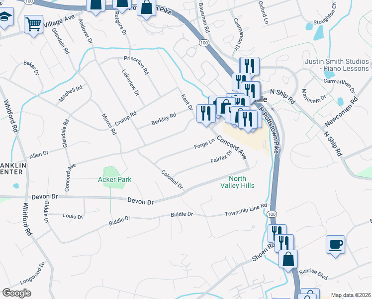 map of restaurants, bars, coffee shops, grocery stores, and more near 415 Forge Lane in Exton