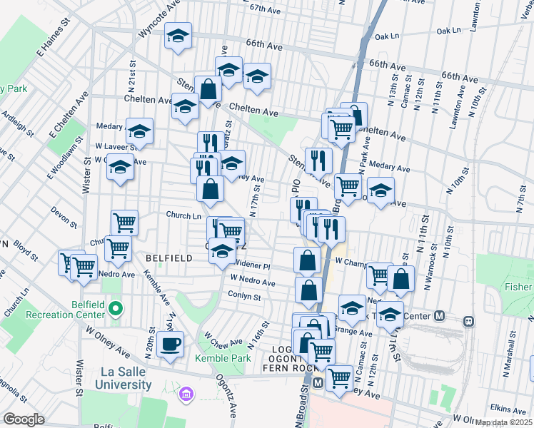 map of restaurants, bars, coffee shops, grocery stores, and more near 1627 Church Lane in Philadelphia
