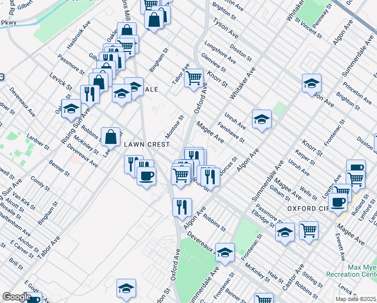 map of restaurants, bars, coffee shops, grocery stores, and more near 6435 Oxford Avenue in Philadelphia