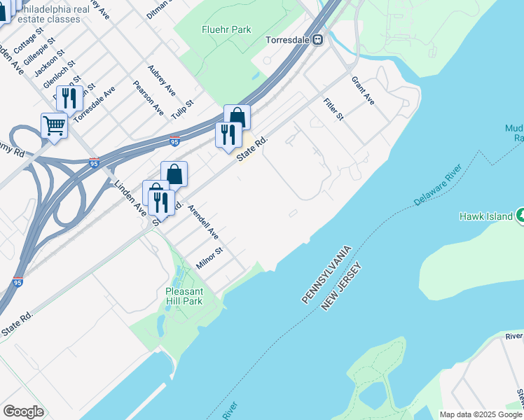 map of restaurants, bars, coffee shops, grocery stores, and more near 25000 Delaire Landing Road in Philadelphia