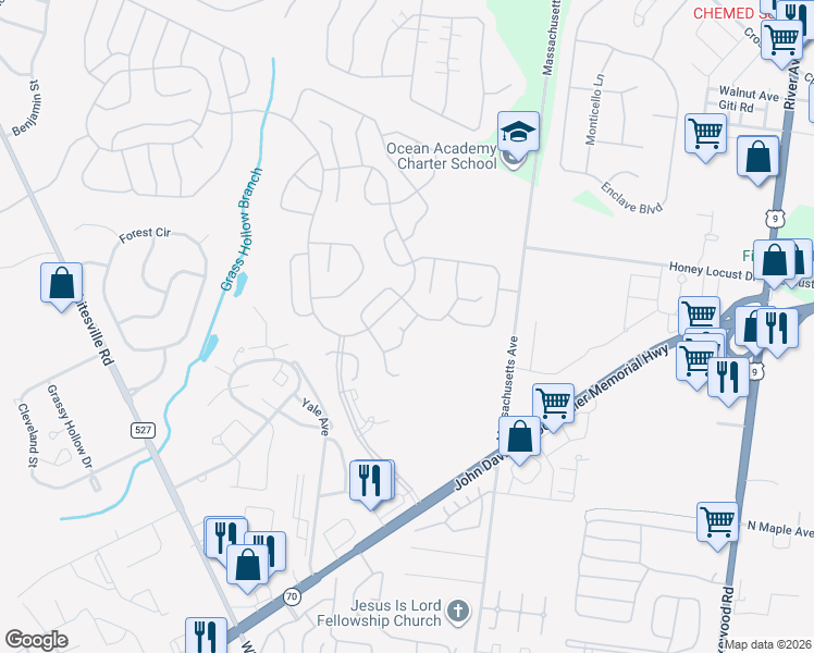 map of restaurants, bars, coffee shops, grocery stores, and more near 2398 Braddock Road in Toms River