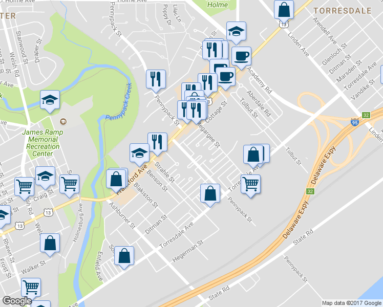 map of restaurants, bars, coffee shops, grocery stores, and more near 4433 Pennypack Street in Philadelphia